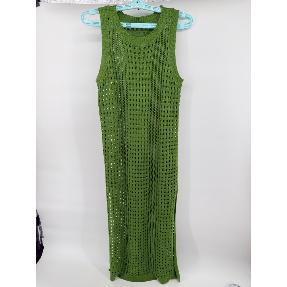Unbranded Green Crochet Open Knit Sleeveless Maxi Dress Side Slit Size Small